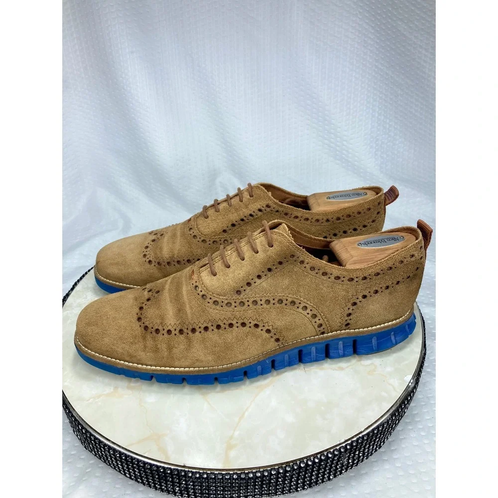 Cole Haan Zerogrand Suede Wingtip Oxfords Shoes Mens Sz 10.5 Tan Brogue Preppy